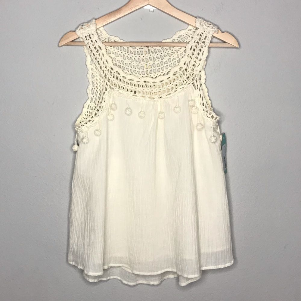 Stitch Fix LAJU gauze crochet pom pom tank top NWT
